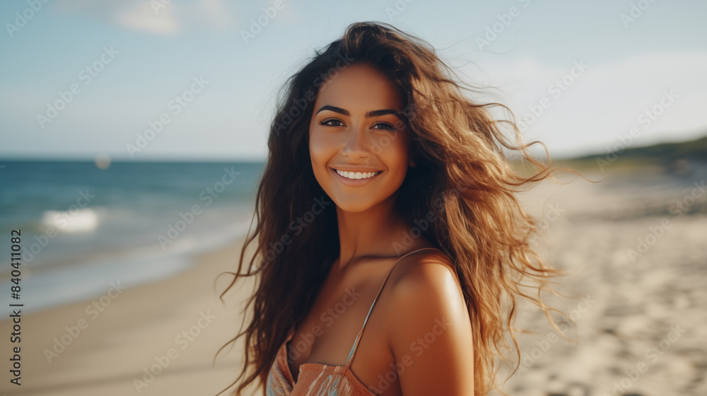 young latin woman looking at the camera, enjoying her summer holidays at the beach young latin woman looking at the camera, enjoying her summer holidays at the beach
