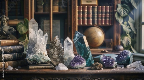 Beautiful crystal stones on antique desk in vintage library. Sparkling gemstones creating a harmonious atmosphere. Inspired decor for any space.