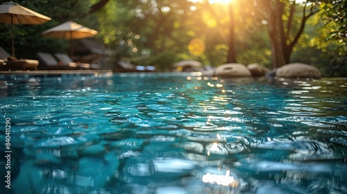 generic ai image of a pool and umbrella on a sunny day.stock illustration