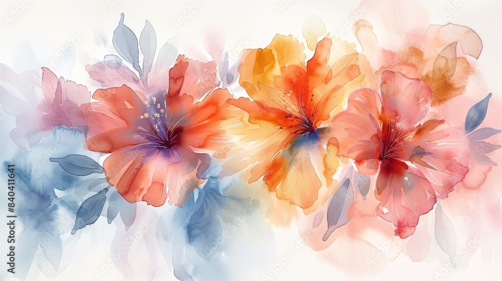 watercolor Exquisite watercolor painting of hibiscus flowers in full bloom. The delicate petals and vibrant colors are a testament to the artist's skill.