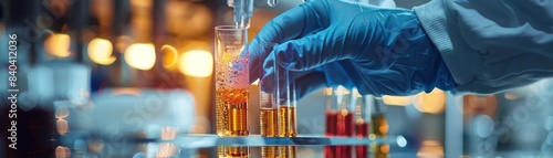 A scientist's hand, clad in a blue glove, is seen holding several medical testing tubes. The tubes are filled with various solutions, indicating different stages of experimentation. The background is © Woraphon