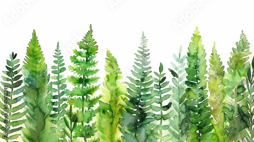 watercolor Green watercolor fern leaves seamless border. Hand painted on white background.