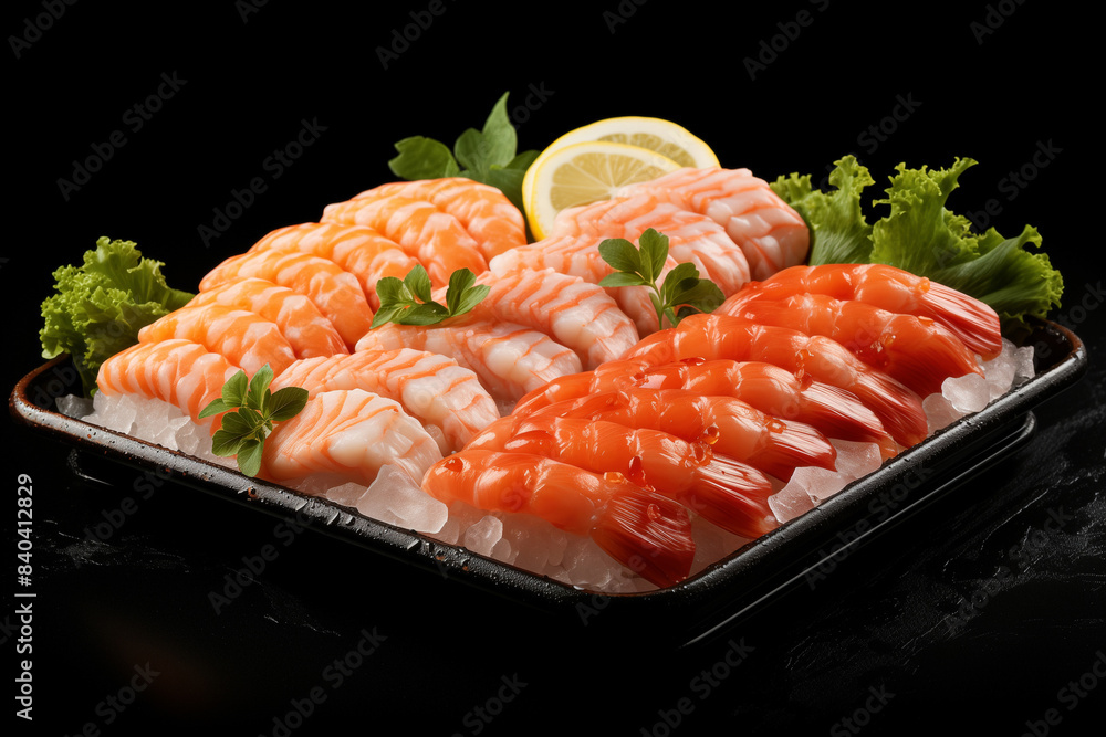 A tray of a wonderful array of seafood delights sitting atop a bed of crisp, glistening ice. A tray of a wonderful array of seafood delights sitting atop a bed of crisp, glistening ice.