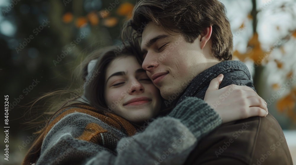 A romantic moment between two people embracing in a park A romantic moment between two people embracing in a park