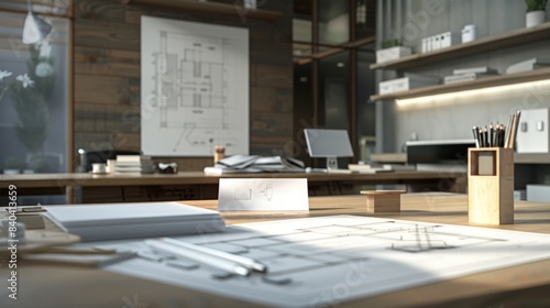 Architect's Workspace Creative Tools Blueprint and 3D Model on Desk