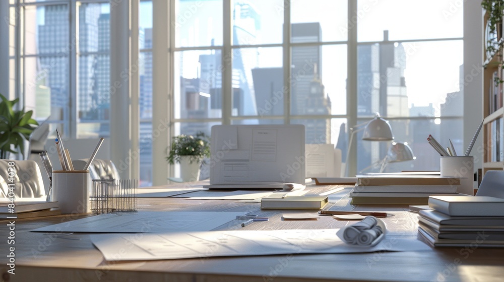 Modern Architect's Studio Business Cards Drafting Table Cityscape Models and Architectural Renderings in Urban Setting Modern Architect's Studio Business Cards Drafting Table Cityscape Models and Architectural Renderings in Urban Setting