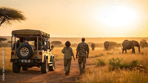 african savannah sunrise with a jeep safari and elephants