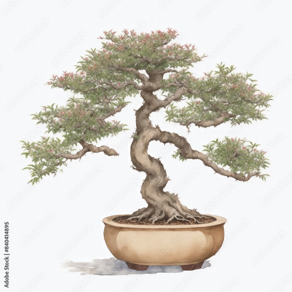 Illustration of fukien tea bonsai in the style of watercolor on a white background Illustration of fukien tea bonsai in the style of watercolor on a white background
