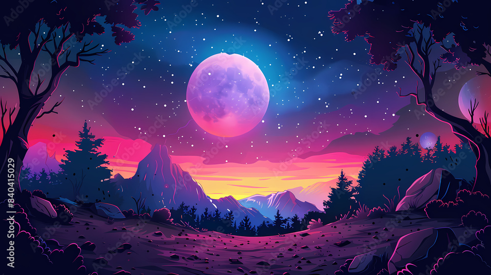 A mesmerizing fantasy landscape featuring a full moon, starry sky, and vibrant mountains; perfect for invoking a sense of wonder and adventure. A mesmerizing fantasy landscape featuring a full moon, starry sky, and vibrant mountains; perfect for invoking a sense of wonder and adventure.