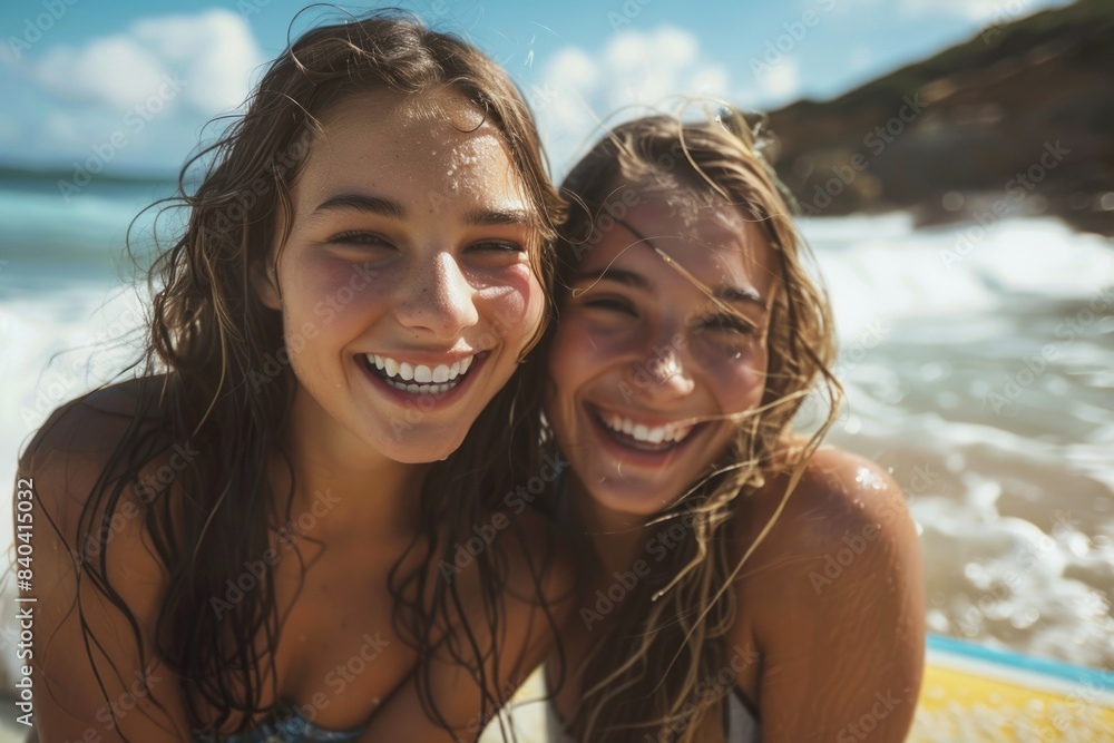 Two young women smiling and relaxing on a sunny beach Two young women smiling and relaxing on a sunny beach