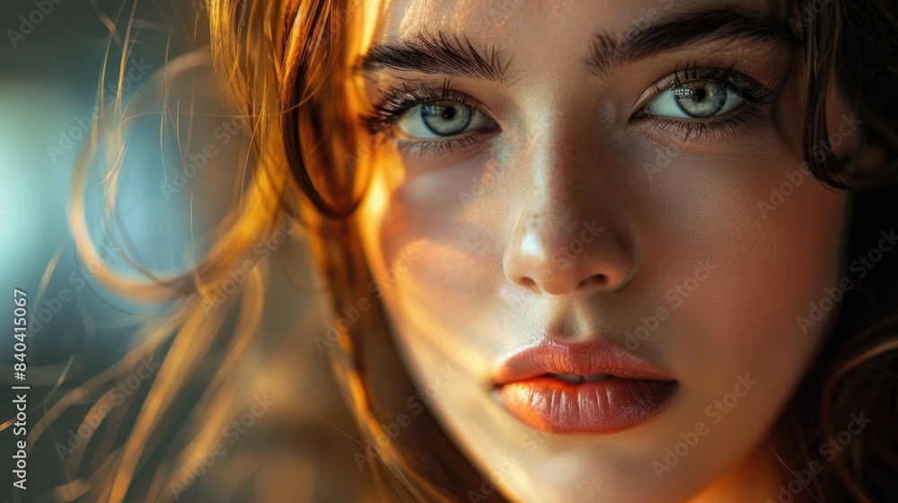 A close-up view of a woman's face with long, flowing hair A close-up view of a woman's face with long, flowing hair