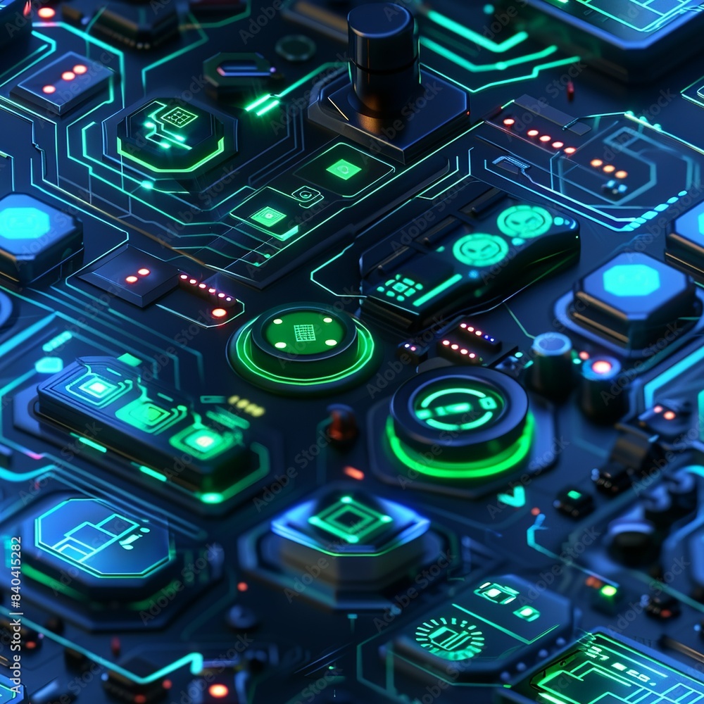 Fototapeta premium A futuristic 3D render of a geometric control panel, with hexagonal buttons and holographic displays glowing in shades of blue and green. Minimal pattern banner wallpaper, simple background, Seamless,