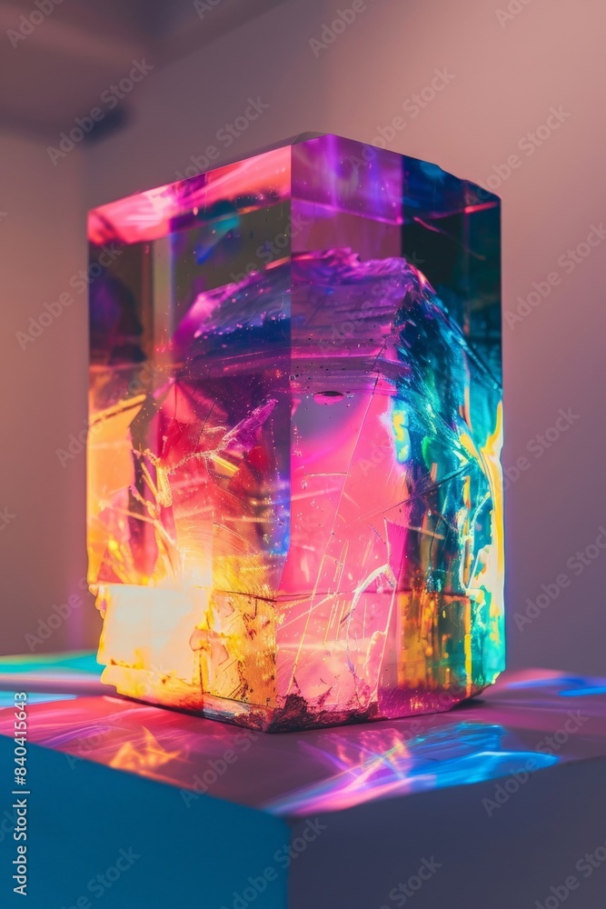 A piece of abstract art under shifting gel lights, showing how different colors change the perception of the artwork A piece of abstract art under shifting gel lights, showing how different colors change the perception of the artwork