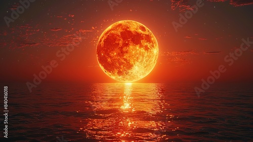  A full moon rises over a body of water as the sun reflects off it in the foreground