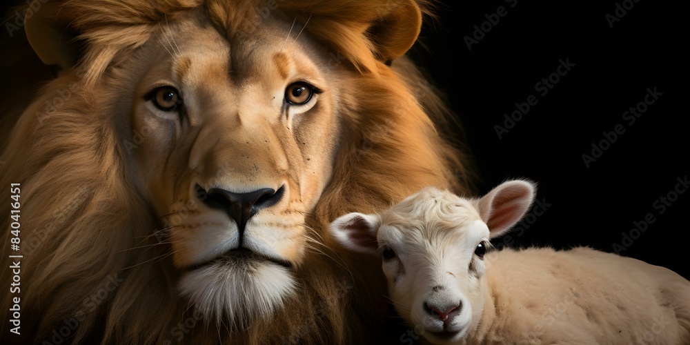 Unity in Diversity Lion and Lamb Together on Black Background. Concept Unity, Diversity, Lion, Lamb, Black Background Unity in Diversity Lion and Lamb Together on Black Background. Concept Unity, Diversity, Lion, Lamb, Black Background