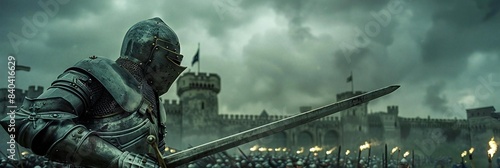 gallant knight in gleaming armor brandishing sword in dramatic medieval setting