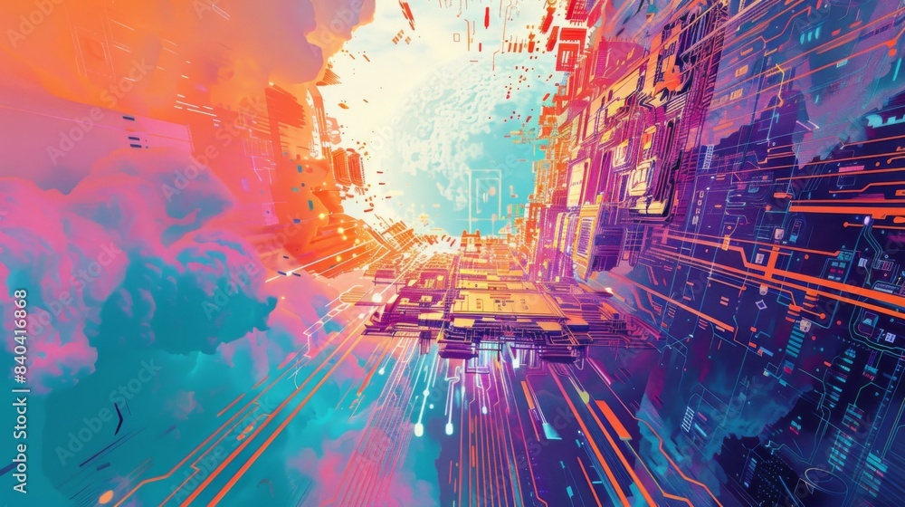 Digital illustration featuring a circuit board cyberscape Digital illustration featuring a circuit board cyberscape