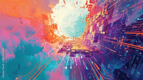 Digital illustration featuring a circuit board cyberscape photo