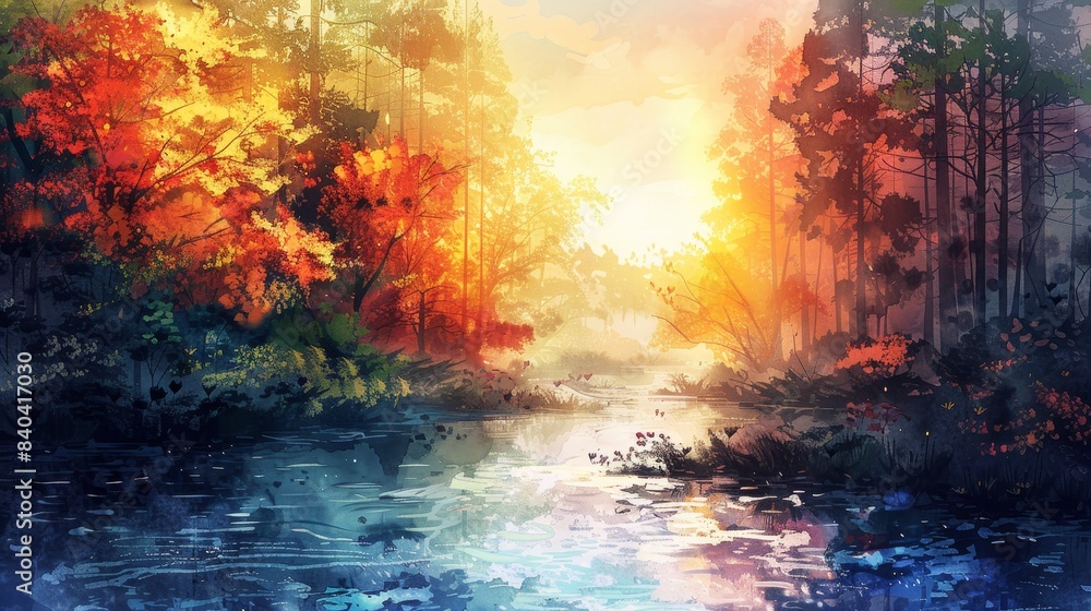 watercolor The image is of a beautiful landscape with a river running through it watercolor The image is of a beautiful landscape with a river running through it