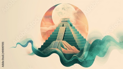 Digital illustration featuring an ancient Mayan pyramid