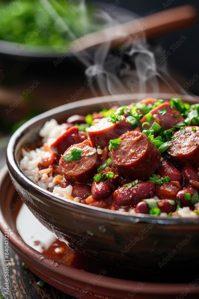 A bowl filled with cooked rice and meat, topped with savory sauce A bowl filled with cooked rice and meat, topped with savory sauce