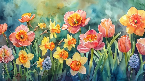 watercolor The image shows a watercolor painting of a field of flowers  including tulips  daffodils  and hyacinths