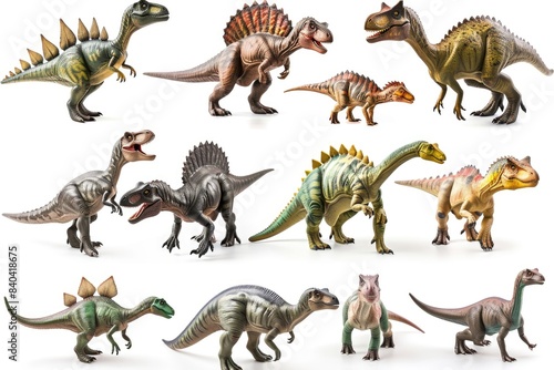 Fototapeta Naklejka Na Ścianę i Meble -  A collection of toy dinosaurs posed together, ideal for use in illustrations or designs related to prehistoric themes