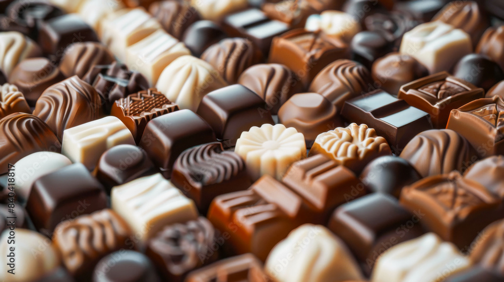 A close-up photo of various white, milk, and dark chocolate candies spread out on the surface, with a background. A close-up photo of various white, milk, and dark chocolate candies spread out on the surface, with a background.