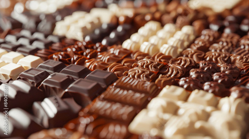 A close-up photo of various white, milk, and dark chocolate candies spread out on the surface, with a background. photo