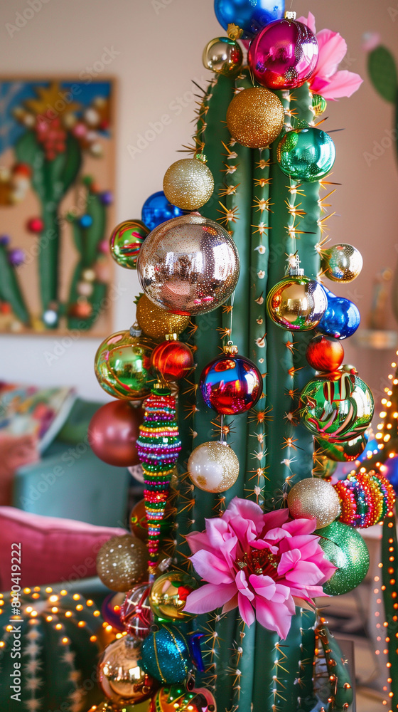 Kitsch MCM spiky cactus Christmas tree with bright fun shiny glossy retro colorful ornaments balls in midcentury modern 50s lounge room interior merry cheerful xmas home decor electric maximalist Kitsch MCM spiky cactus Christmas tree with bright fun shiny glossy retro colorful ornaments balls in midcentury modern 50s lounge room interior merry cheerful xmas home decor electric maximalist