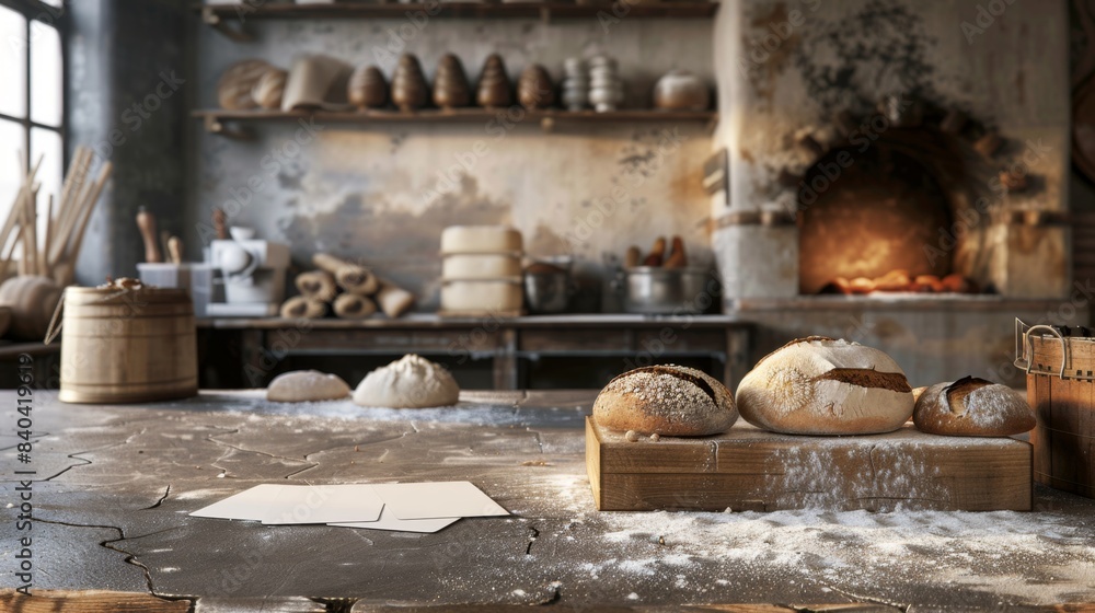 Artisanal Breadmaking Business Cards on Bakery Counter Surrounded by Flour Dough and Woodfired Ovens Professional Baking Workshop Concept Artisanal Breadmaking Business Cards on Bakery Counter Surrounded by Flour Dough and Woodfired Ovens Professional Baking Workshop Concept