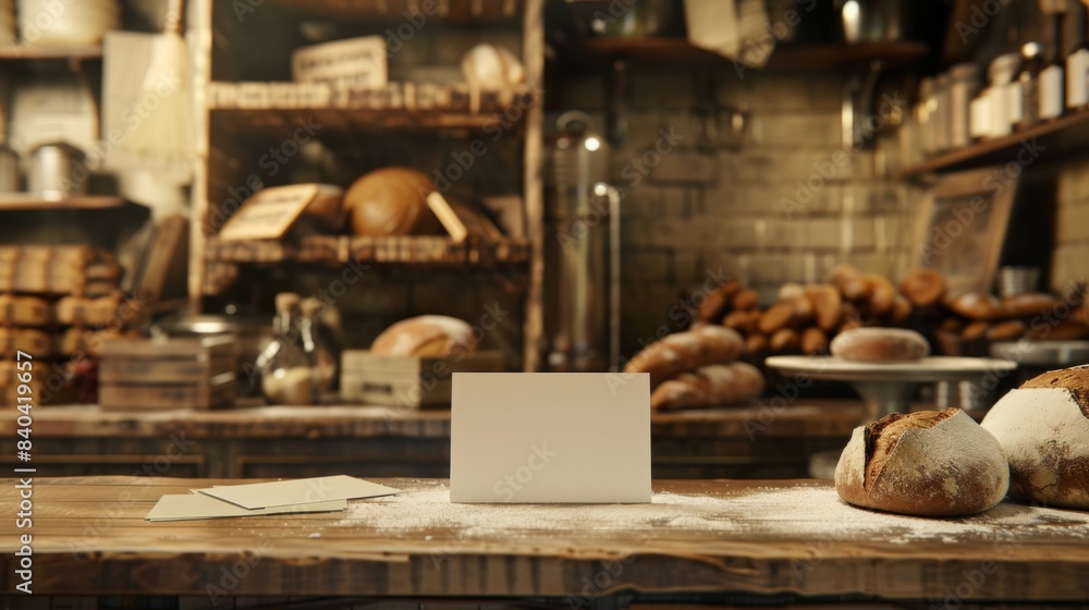 Artisanal Breadmaking Business Cards on Bakery Counter Surrounded by Flour Dough and Woodfired Ovens Professional Baking Workshop Concept Artisanal Breadmaking Business Cards on Bakery Counter Surrounded by Flour Dough and Woodfired Ovens Professional Baking Workshop Concept