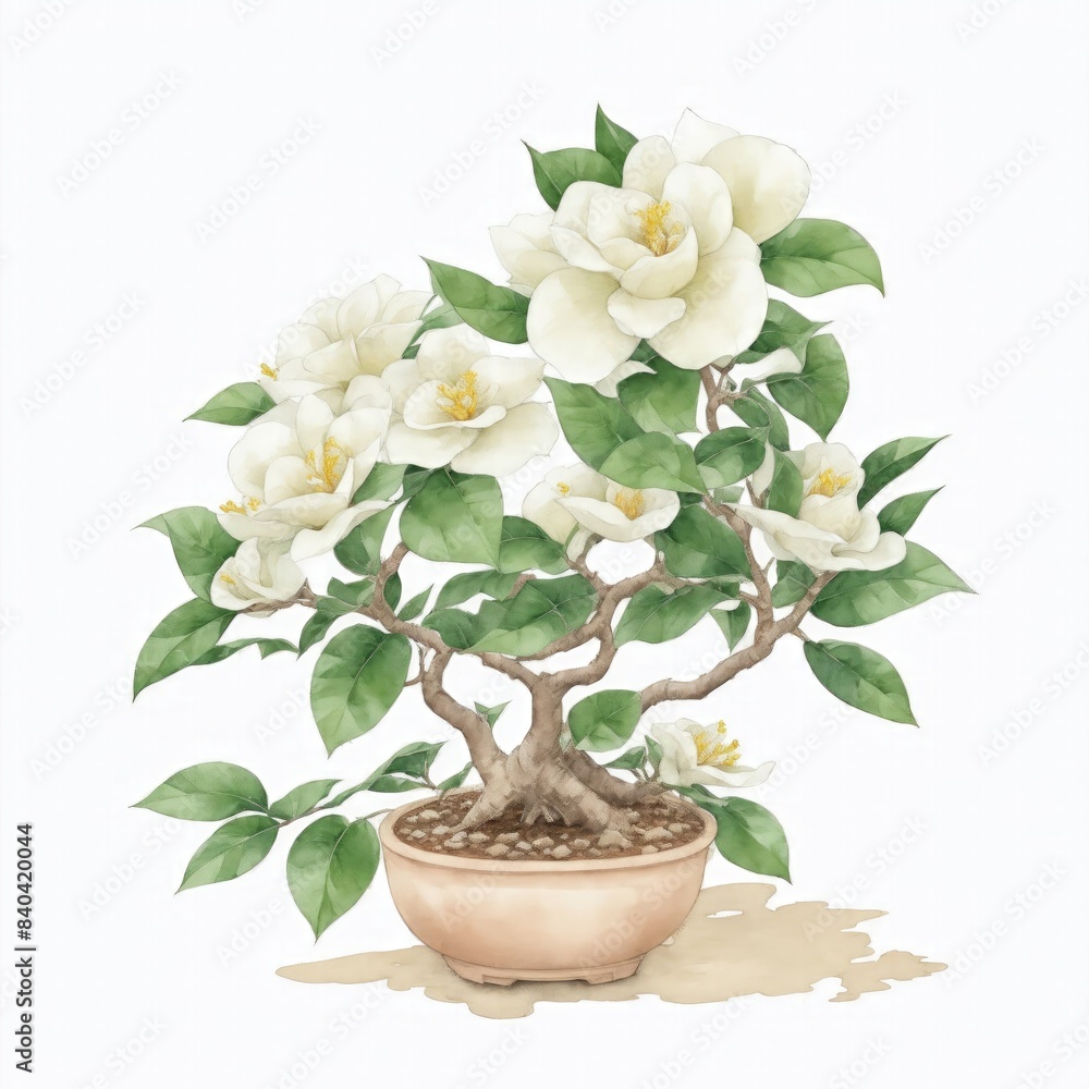 Illustration of gardenia bonsai in the style of watercolor on a white background Illustration of gardenia bonsai in the style of watercolor on a white background