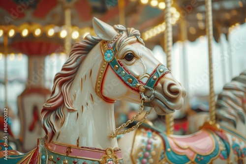 A close-up of a horse's head and neck as it gallops on a merry-go-round