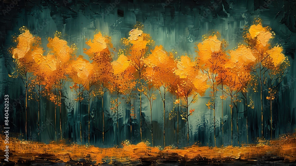 modern canvas painting of golden trees on a background of green and black.illustration