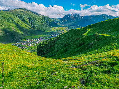Green grassy mountain landscape - drone photo wallpaper background