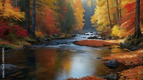 a tranquil river flowing through a dense autumn forest