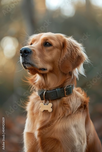 A brown dog wearing a bone-shaped tag on its collar