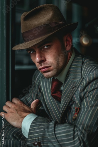 A portrait of a man in a classic 1920s gangster suit and fedora, looking pensive