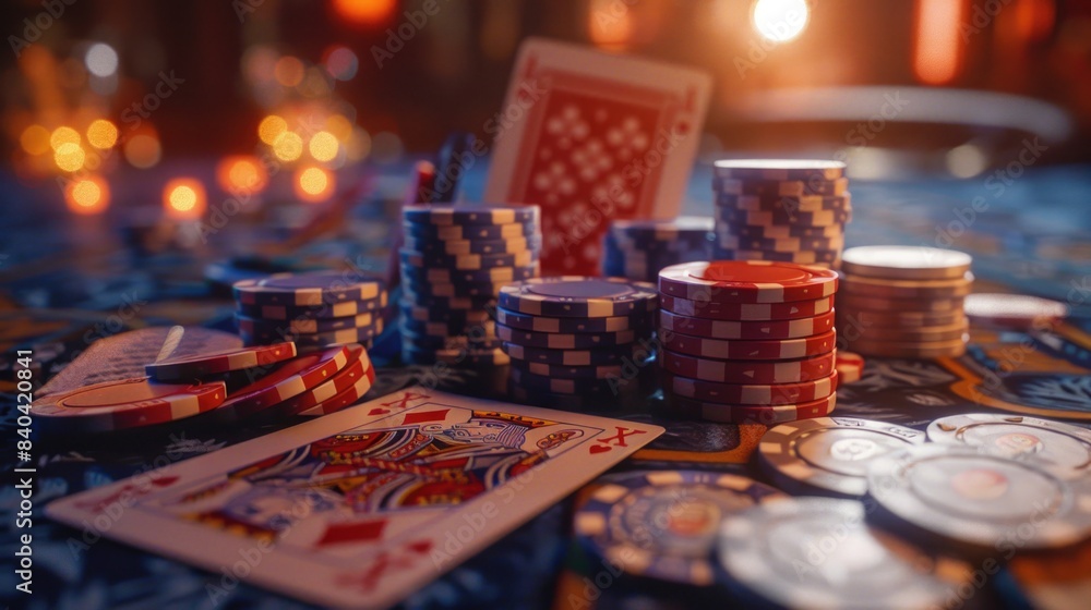 A table set up for a game of poker with poker chips and playing cards A table set up for a game of poker with poker chips and playing cards