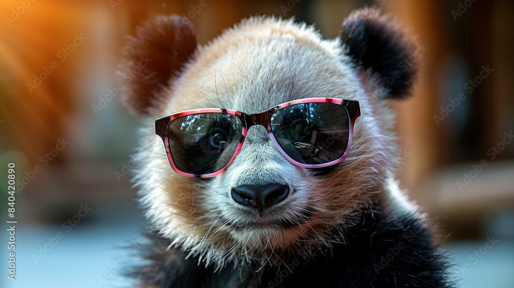 A photo of a panda with sunglasses wearing a wooden fence in the background A photo of a panda with sunglasses wearing a wooden fence in the background