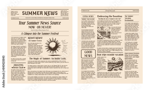 Retro newspaper with a summer theme. Trendy retro elements for collages. The texture of crumpled paper in grunge tones.
