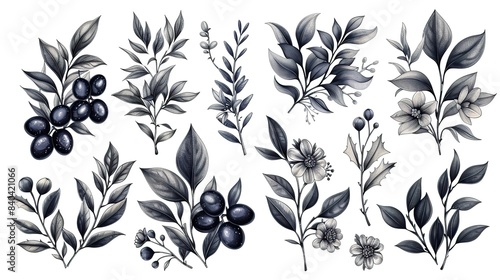 illustration set of black and green olive branches with leaves and flowers olive tree mediterranean fruits isolated nature clip art for banners and prints.illustration