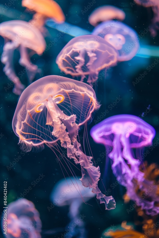 Fototapeta premium Enchanting bioluminescent sea cave with glowing jellyfish, ideal for fantasy book covers