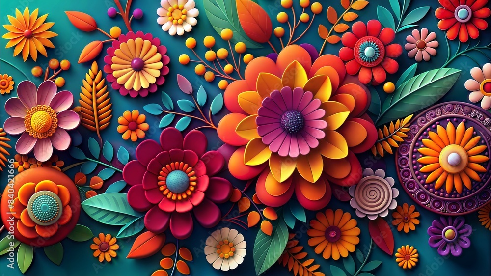A vibrant floral pattern with a variety of flowers and leaves on a deep teal background. Perfect for use in textiles, home decor, greeting cards, and wallpapers. A vibrant floral pattern with a variety of flowers and leaves on a deep teal background. Perfect for use in textiles, home decor, greeting cards, and wallpapers.