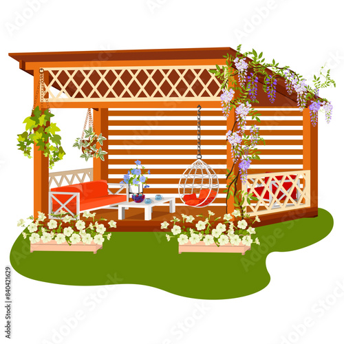 Modern wooden gazebo with sitting area, flowers, swing on isolated background.