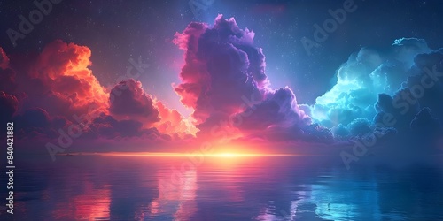 Neon Clouds Reflecting off Sea in Surreal Futuristic Environment With UV Light. Concept Futuristic Environment, Neon Clouds, Sea Reflections, UV Light, Surreal Landscape photo