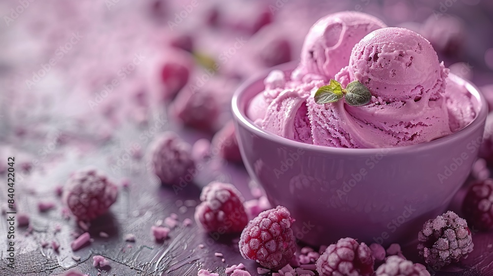 A bowl of pink ice cream in a purple dish, topped with raspberries and surrounding decorations A bowl of pink ice cream in a purple dish, topped with raspberries and surrounding decorations