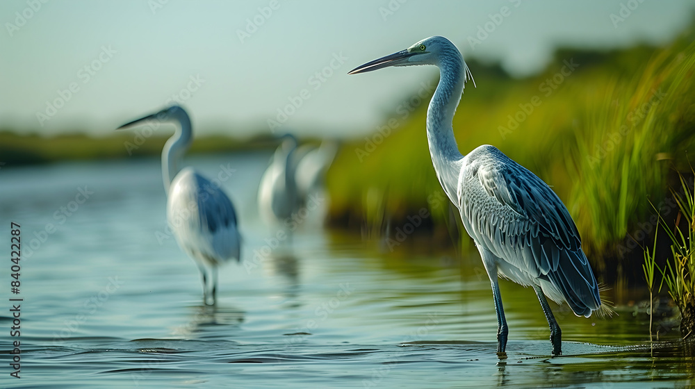 Fototapeta premium A serene nature wetland scene with a variety of bird species wading in the water