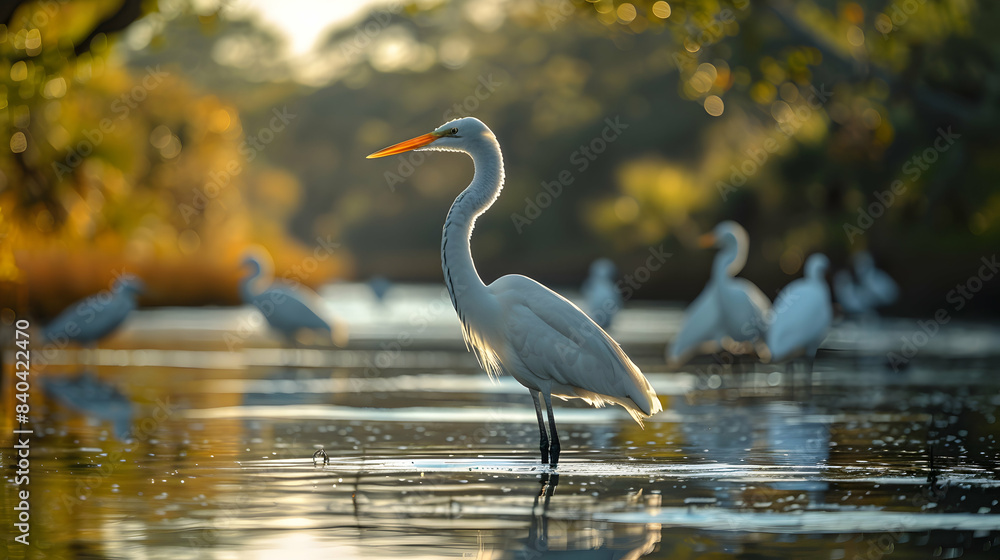 Naklejka premium A serene nature wetland scene with a variety of bird species wading in the water